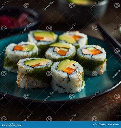 Plato de sushi con wasabi, jengibre encurtido y salsa de soja