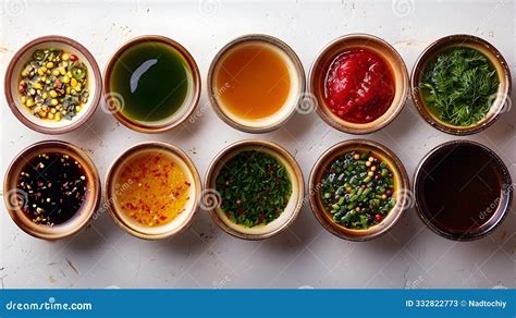 Recipientes pequeños con diversas salsas para sushi, destacando una salsa roja picante