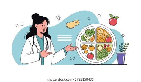Ilustración de un nutricionista explicando un plato saludable para niños