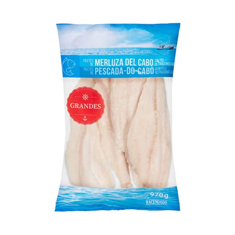 Foto de filetes de merluza fresca envasados para el mercado