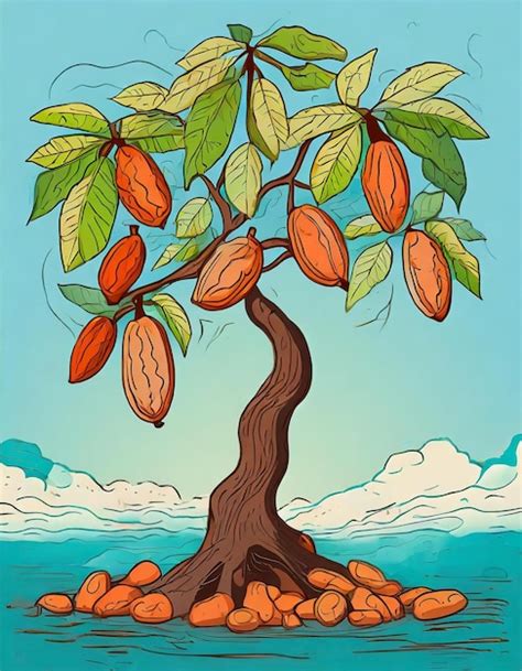 Ilustración histórica de un árbol de cacao con frutos (mazorcas)