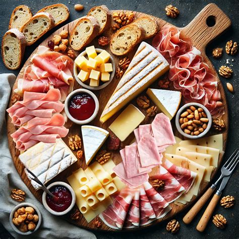 Selección de panes, crackers, frutos secos y mermeladas para tabla de embutidos y quesos