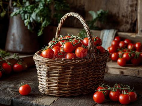 Cesta con tomates frescos y maduros de diferentes variedades
