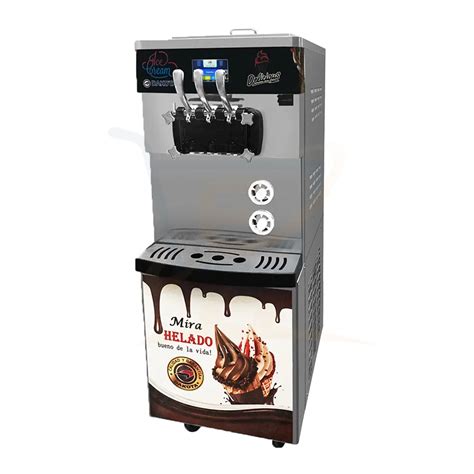 Diagrama de una máquina de helados soft, mostrando los componentes internos y el proceso de dispensación.