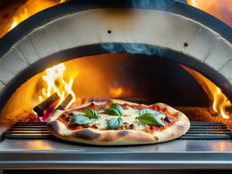 Fotografía de una vibrante pizza napolitana en un horno de leña, con ingredientes frescos y el queso burbujeante