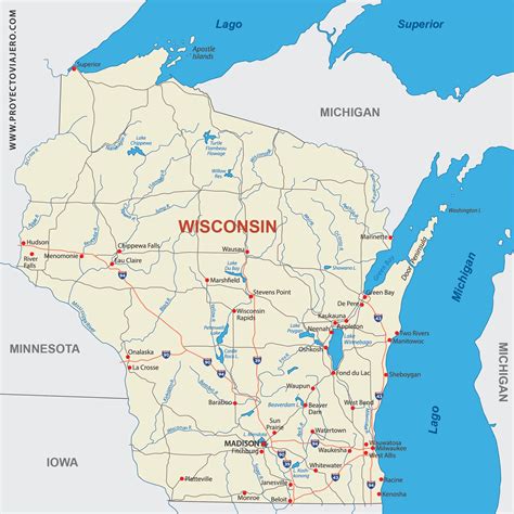 Mapa de Wisconsin destacando sus queserías y granjas lecheras.