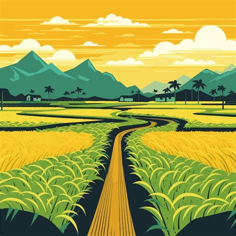 Ilustración de campo de arroz en China con montañas de fondo, de estilo tradicional