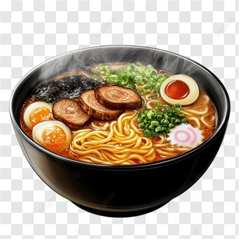 Ilustración de un bol de ramen humeante con todos sus componentes visibles