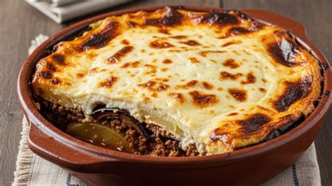 Ilustración general de un plato de moussaka griega servido en una fuente de barro.