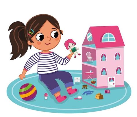 Ilustración de la niña Porota jugando con su muñeca Mimí, rodeada de juguetes en un ambiente de fantasía.