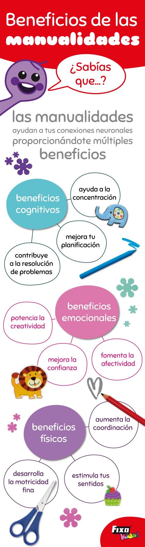 Infografía con los beneficios de las manualidades para niños: coordinación motriz, atención, paciencia y creatividad.