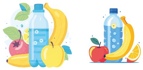 Ilustración de una variedad de alimentos saludables y una botella de agua para la hidratación