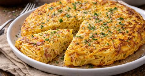 fotografía de una tortilla de fideos dorada y cortada en porciones