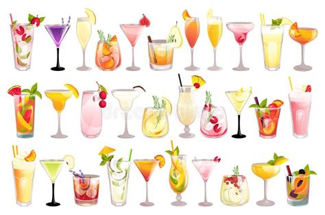 Ilustración de varios cócteles de primavera coloridos y refrescantes, decorados con frutas y hierbas frescas.