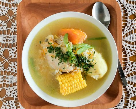 Plato de cazuela de pollo chilena con sus ingredientes distintivos