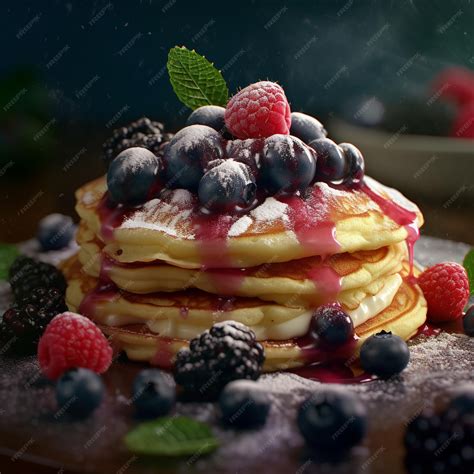 Pila de panqueques clásicos con frutas frescas y sirope de arce