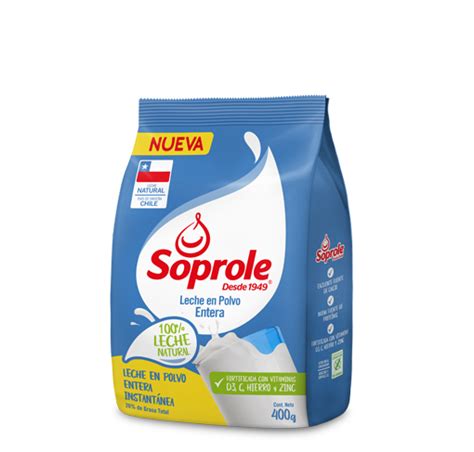 Foto de la bolsa de leche en polvo entera Soprole con información nutricional visible