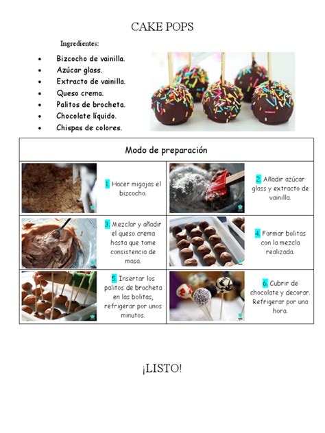 infografía con los 5 pasos básicos para hacer cake pops: masa, unión con crema, inserción de palito, cobertura y decoración