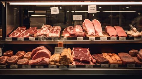Foto panorámica de un mercado de carne con variedad de cortes