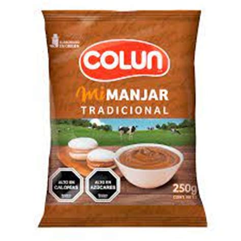 Comparación visual de los distintos formatos del manjar Colun: bolsa de 1kg, doypack de 400g, y pote de 380g, mostrando las versiones tradicional y sin lactosa.