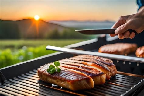 Ilustración de una persona cocinando carne en una parrilla de carbón con llamas.