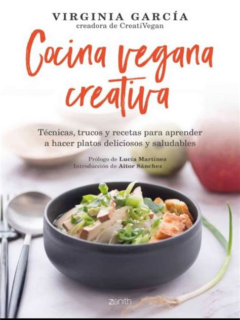 Ilustración de un libro de cocina vegana abierto con varias recetas.