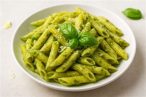 Imagen vibrante de pasta al pesto con albahaca fresca