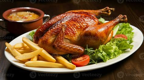 Fotografía de un pollo asado entero con una piel crujiente y dorada