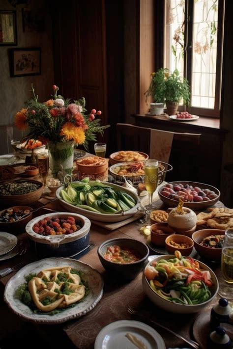 Ilustración de una mesa festiva con platos veganos variados.