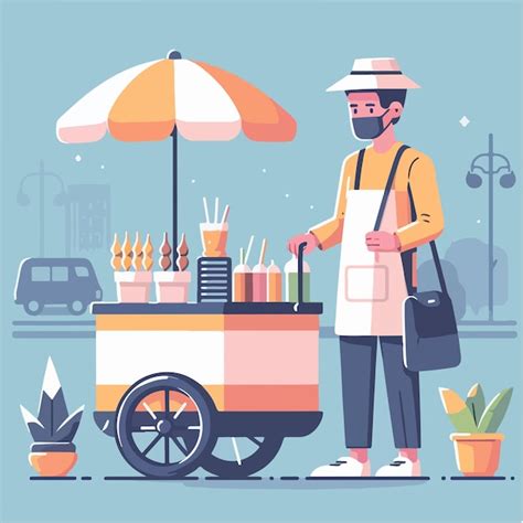 Ilustración representando un ambiente de pizzería concurrido y la presencia de vendedores ambulantes