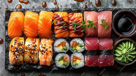 Variedad de nigiri vegetariano con toppings como aguacate, pepino y pimiento asado