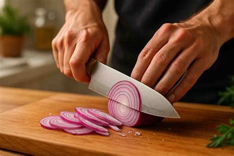 Fotografía de un cuchillo cebollero de gran tamaño cortando una cebolla.