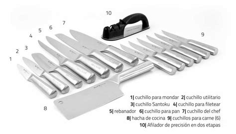 Composición de los seis cuchillos esenciales para una cocina bien equipada.