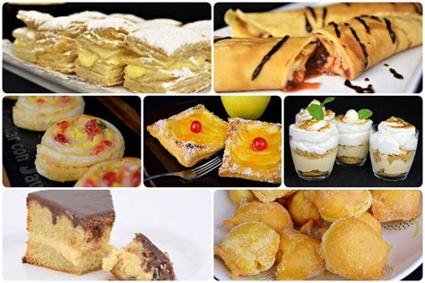 Fotografía de varios postres caseros rellenos o decorados con crema pastelera