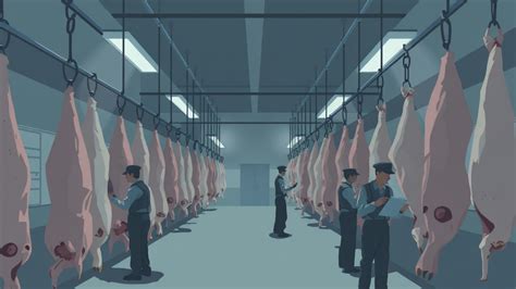interior de un matadero con trabajadores especializados en el despiece de carne