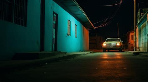 Fotografía de un coche viejo estacionado de noche en un lugar desolado