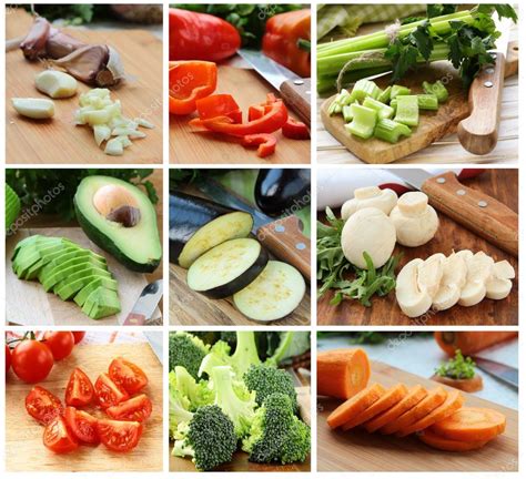 Collage de diferentes verduras que se pueden añadir a la carbonara vegetariana: espinacas, brócoli, setas, tomates cherry