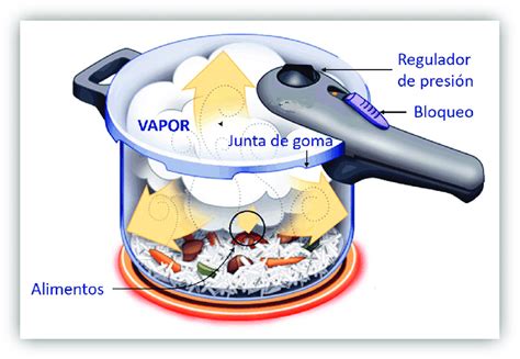 Esquema técnico del funcionamiento de una olla a presión industrial y control de temperatura