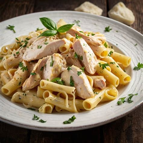 Envase con pasta cremosa de pollo lista para almacenar en el refrigerador