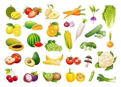 Ilustración de diversas frutas y verduras frescas.