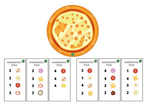 Fotografía de una pizza de juguete terminada con ingredientes numerados para ejercicios de conteo