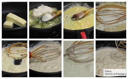 Diagrama: Pasos para hacer salsa bechamel, mostrando el roux, la adición de leche y el punto final