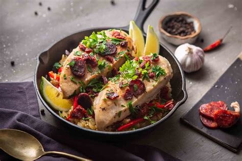 Olla con pollo, chorizo, mariscos y líquido burbujeante, listo para incorporar el vino blanco.