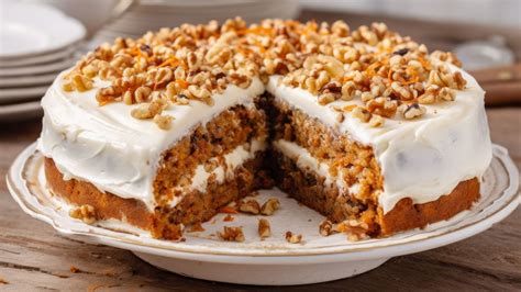 Foto de una tarta de zanahoria casera decorada con frosting y nueces