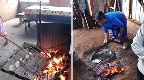 Tortilla al rescoldo cocinándose directamente sobre brasas en un fogón