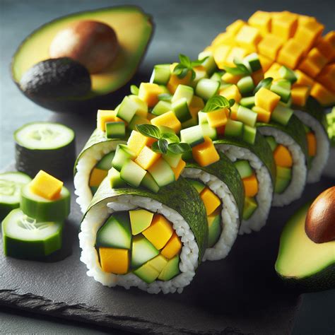 Esquema de ingredientes frescos para sushi vegano como aguacate, pepino, mango, champiñones, tofu y verduras coloridas
