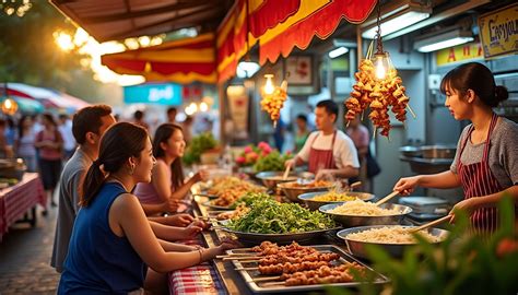 Imagen temática de una vibrante escena gastronómica con diversas opciones de comida en la calle