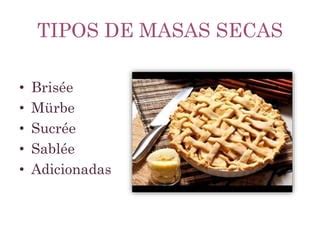 Esquema comparativo de masas quebradizas (sablée, brisée, sucrée) y sus usos