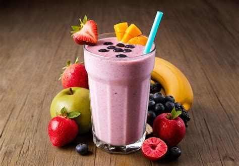 Foto de un batido de frutas y verduras en un vaso con pajita, con ingredientes al lado