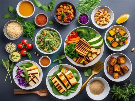 Fotografía gastronómica de alta calidad que muestra una variedad de platos veganos creados por Marie Laforêt, incluyendo quesos vegetales y postres